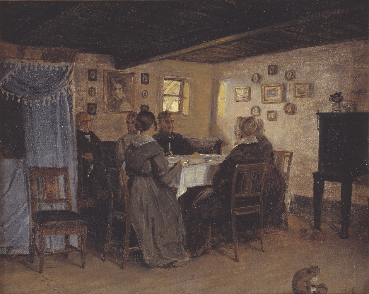 Umělcovi přátelé a rodina seděli u stolu. Vejby, Severní Zéland od P.C. Skovgaard