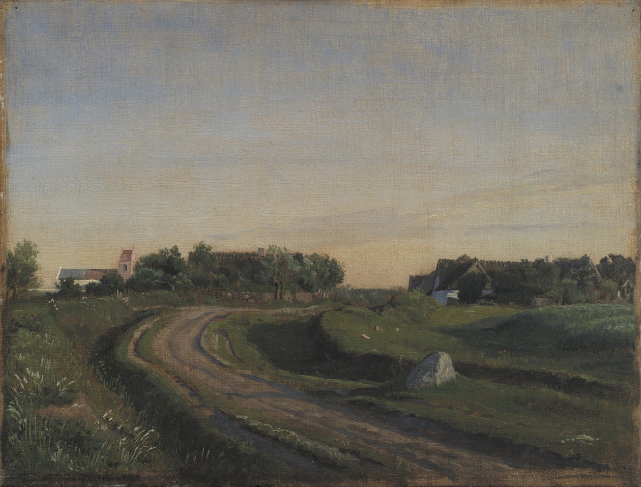 Vejby s kostelem při pohledu od severu. Večerní světlo. Zélandu od P.C. Skovgaard