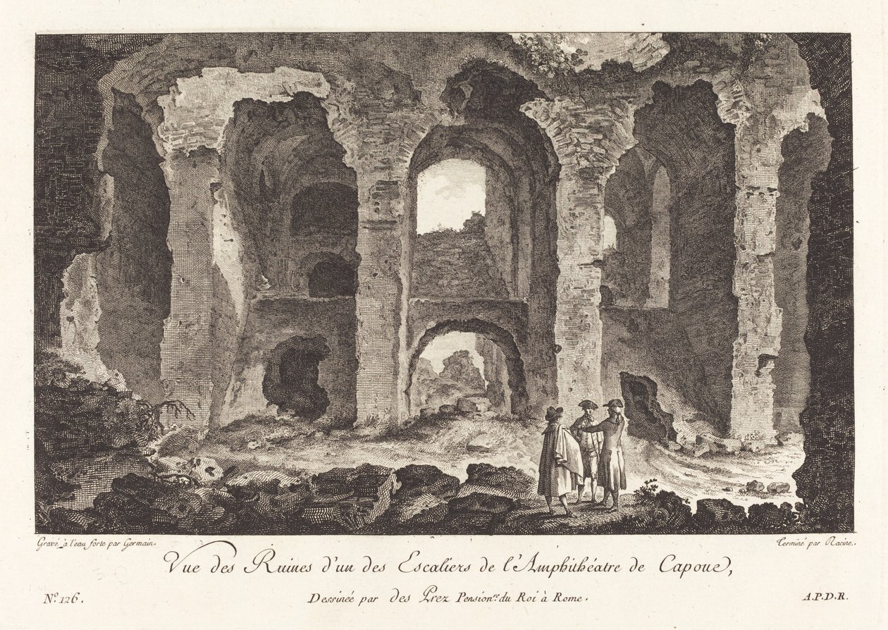 Pohled na ruiny z jednoho ze schodů amfiteátru Capua od P.F. Germain after Louis Jean Desprez