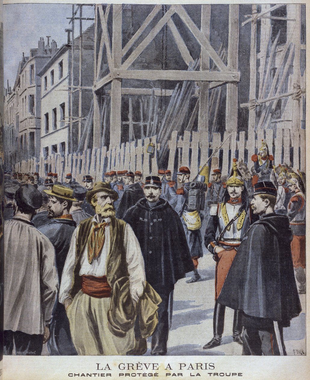Stávka v Paříži, staveniště chráněno armádou, ilustrace z 