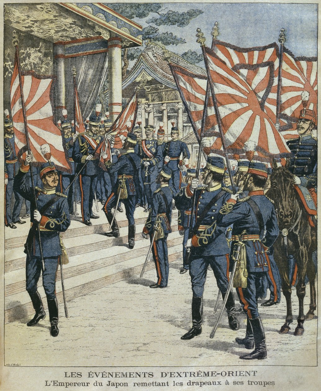 Jeho císařské Veličenstvo Mutsuhito, japonský císař, předává vlajky svým vojákům, ilustrace z "Le Petit Journal": Supplement illustre", 6. března 1904 od P.H.G.V. Michel