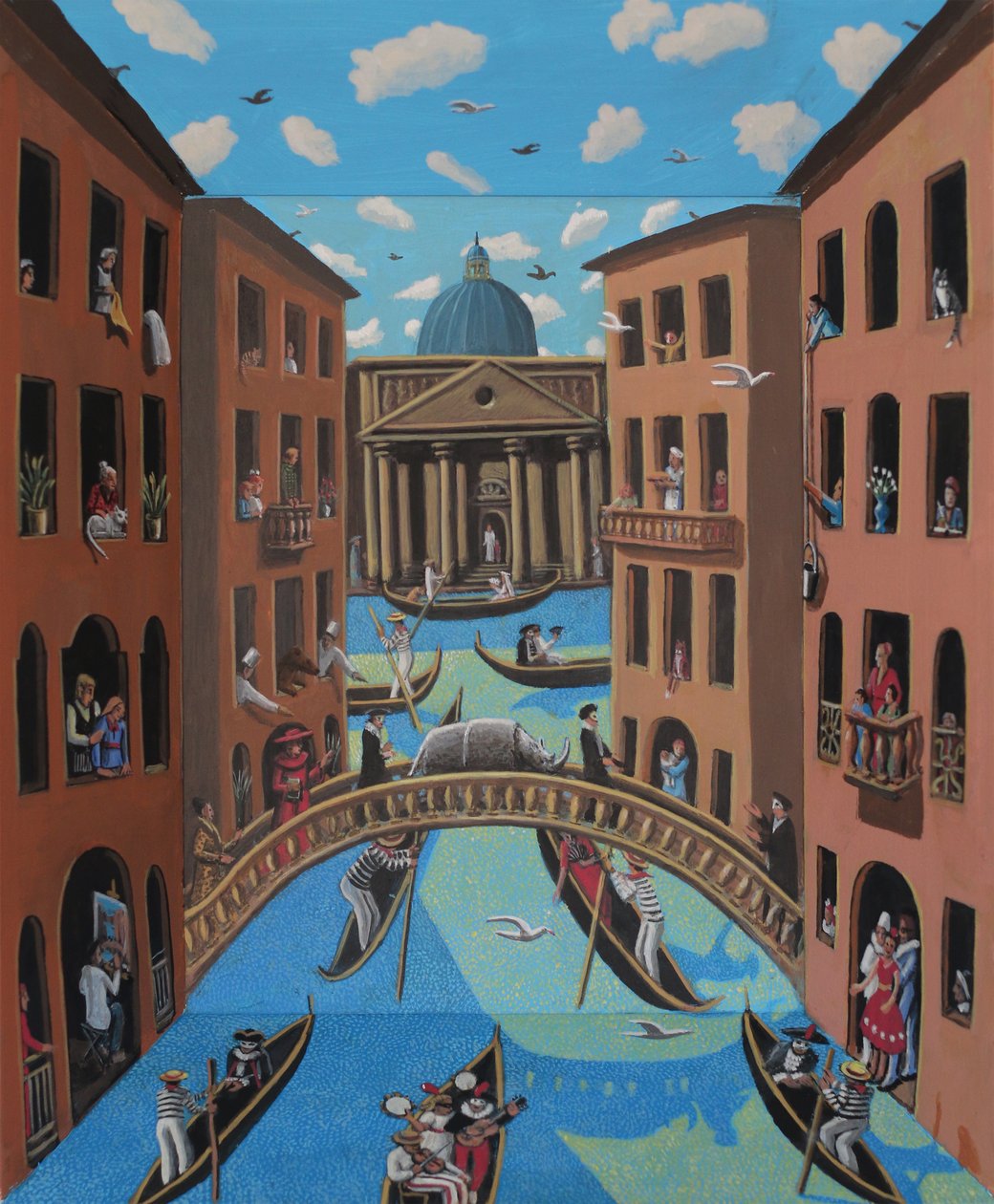 Nosorožec na mostě, 2025 (tónované gesso na dřevě) od PJ Crook