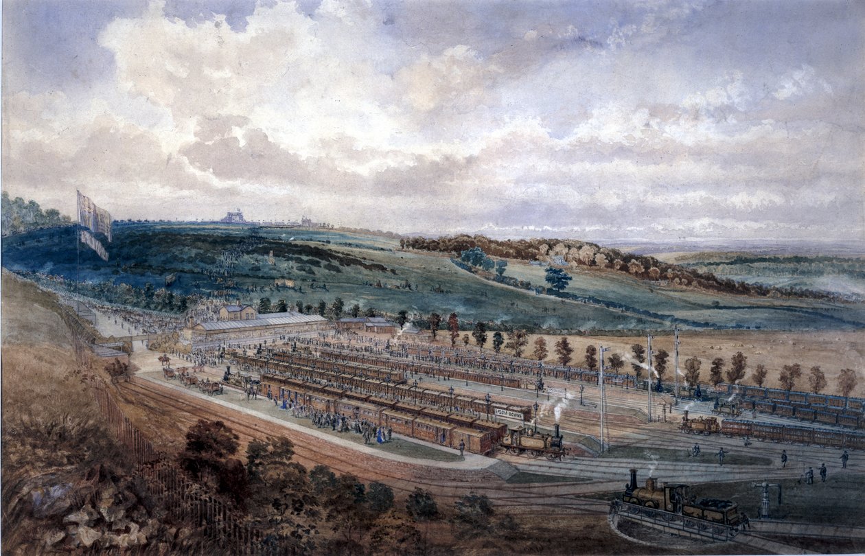 Stanice Epsom na Derby Day, 1878 (wc na papíře) od P.R. Perry