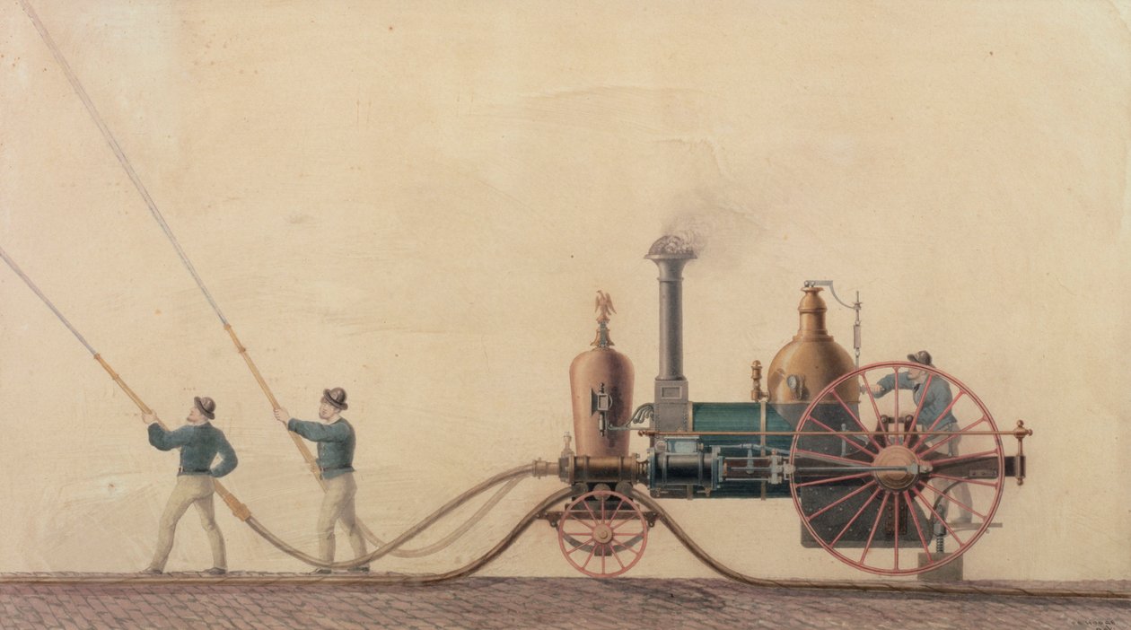 První parní hasičský stroj použitý ve Spojených státech v roce 1841, 1865 od P.R. Hodge