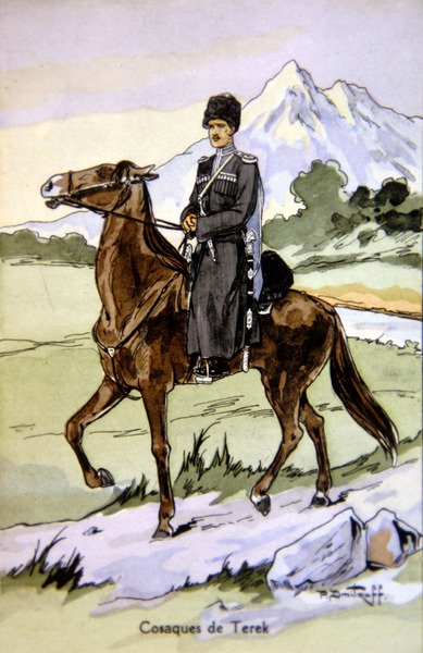 Pohlednice zobrazující kozáka Tereka, kolem roku 1914 (barevné lito) od P. (after) Dmitroff