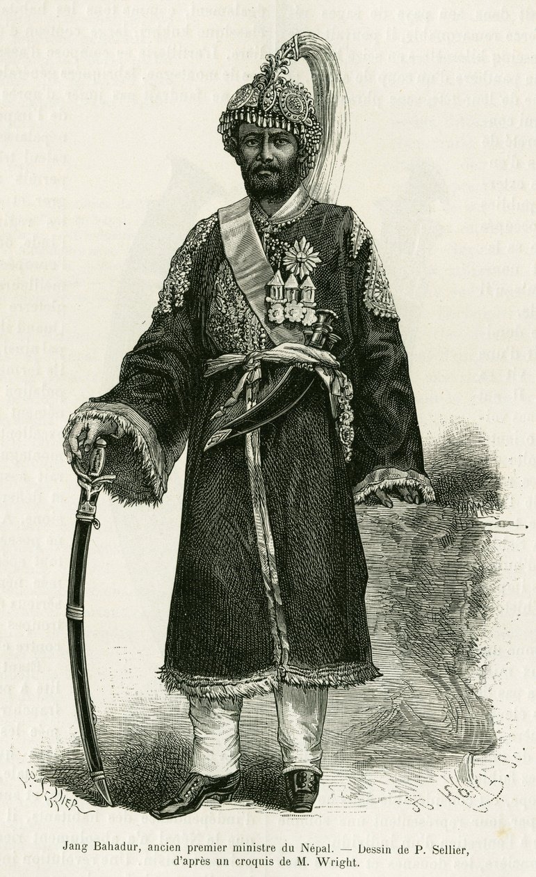 Jang Bahadur (1816-1877), předseda vlády Nepálu. Rytina P.Selliera k ilustraci příběhu Voyage au Nepal, Dr. Gustave Le Bon (1841-1931), in le tour du monde 1886, režie Edouard Charton (1807-1890), Hachette, Paříž. od P. (after) Sellier