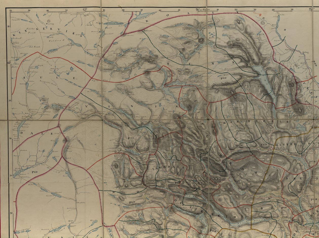 Mapa z mapové sbírky Národní knihovny. Mapa je zveřejněna ve znamení ruky (po roce 1846) a ukazuje Telemark od P. A. Munch