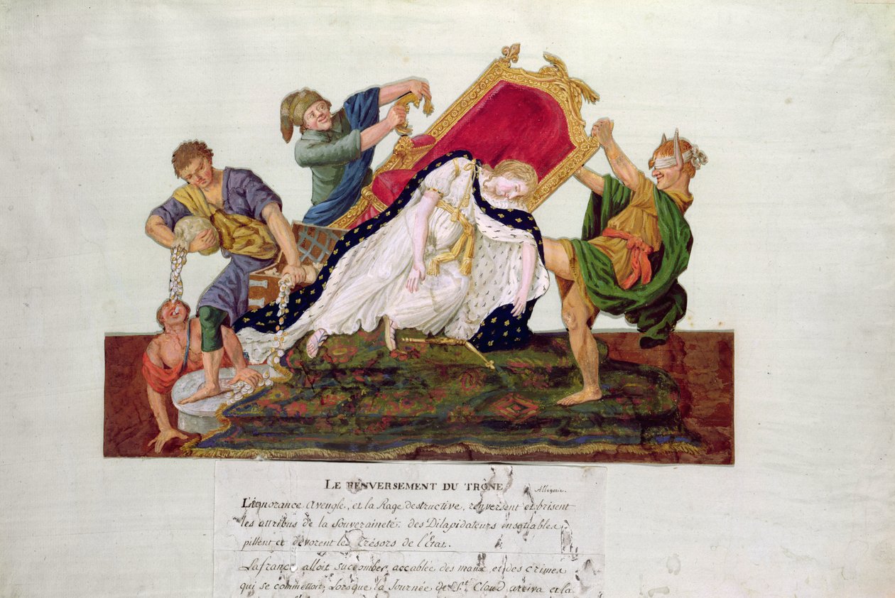 Alegorie převrácení trůnu ve Francii během francouzské revoluce (kvaš) od P. A. and J.B. Lesueur