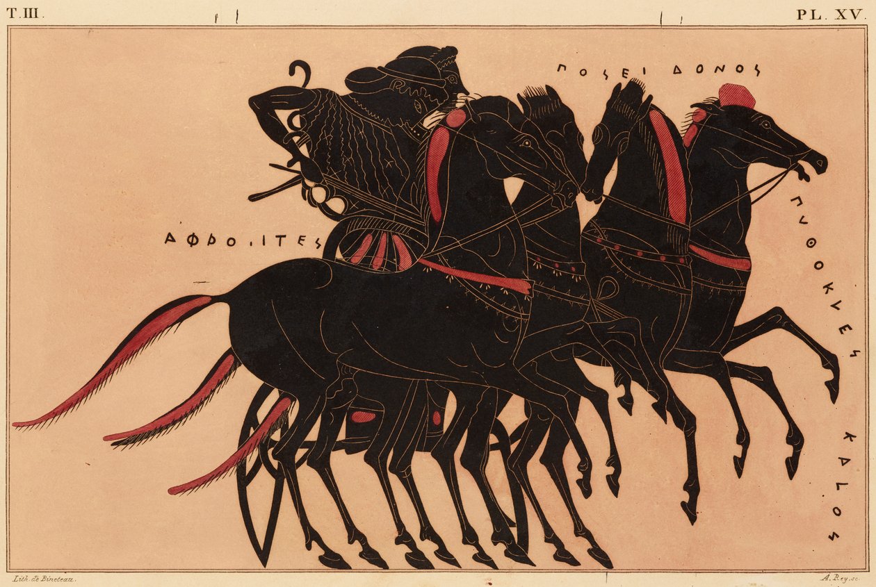 Tisk Dekorace na řecké amfoře, zobrazující Afroditu, jak řídí Poseidon ve voze, c. 1858 (akvarel a tělová barva přes lito na tkaném papíře) od P. Bineteau