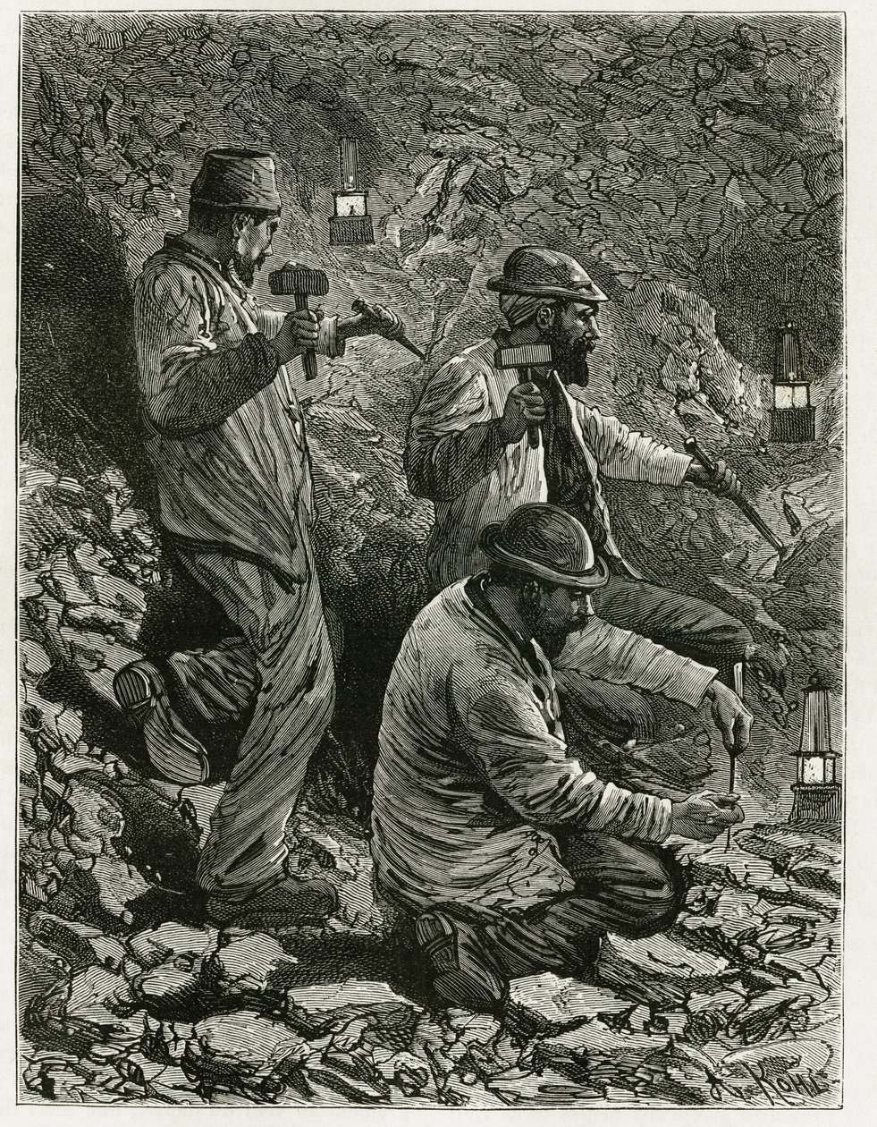 Horníci dobývající uhlí do žíly. Rytina od Ferata k ilustraci povídky "Belgie" od belgického spisovatele Camilla Lemonniera (1844-1913). Publikováno v Le Tour du monde, nouveau journal des voyages, 2. pololetí 1884, editor Edouard Charton (1807- od P. Ferat