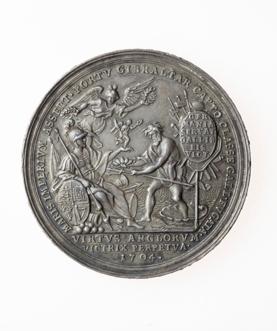 Medaile připomínající britská vítězství, 1704 (stříbrná) od P. H. Muller