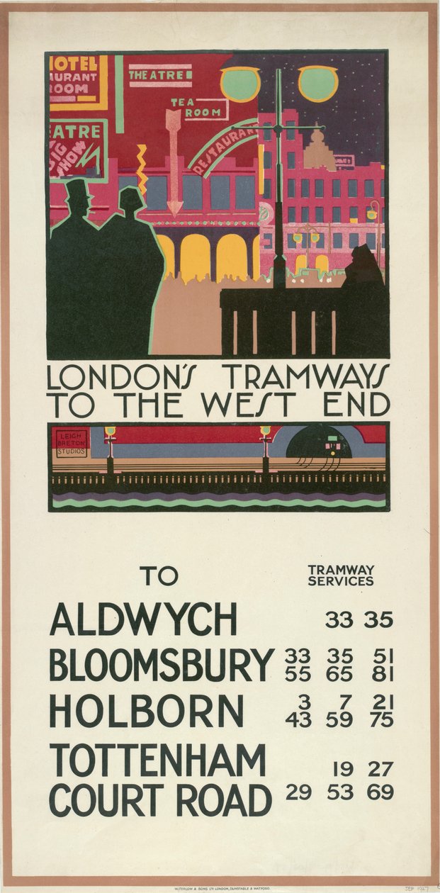 Plakát „Londýnské tramvaje do West Endu“, London County Council LCC Tramways, 1927 od P Irwin Brown