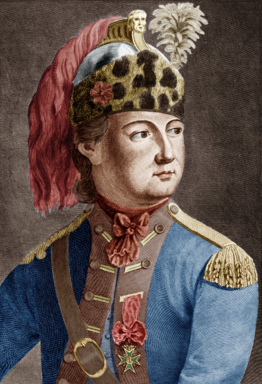 Rytíř Eon (1728-1810), francouzský tajný agent pro krále, používal křížové šaty, ryl kolorovaný dokument od P. Jean Baptiste Bradel