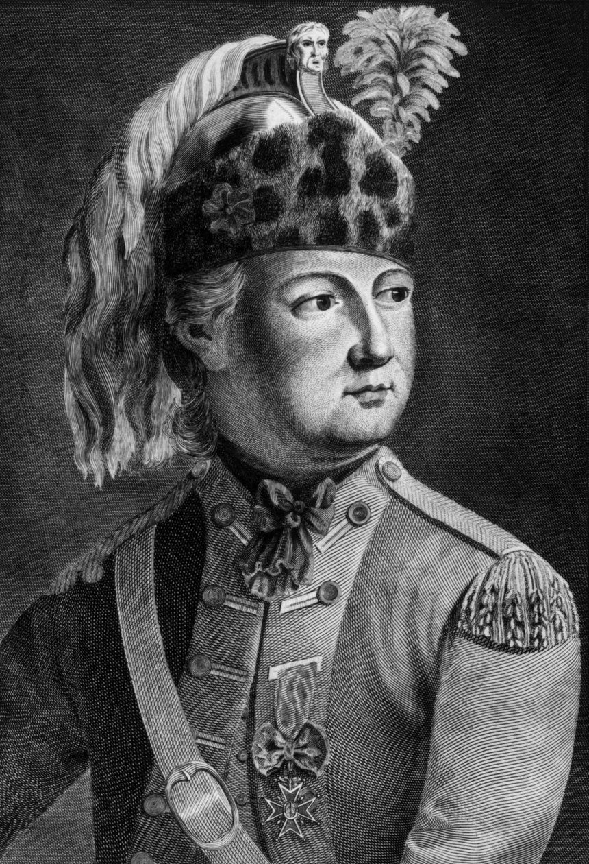 Rytíř Eon (1728-1810), francouzský tajný agent krále, míval křížové šaty, rytina od P. Jean Baptiste Bradel