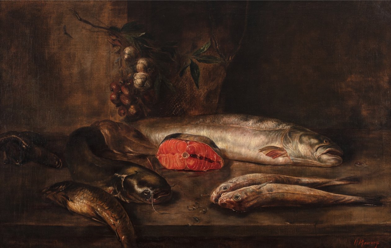 Rybí zátiší s kaprem, sumcem, lososem, mulkou, úhořem a jazykem na stole se zavěšeným česnekem a šalotkou, mrtvá ryba, cca 1775-1800 (olej na plátně) od P. Romney