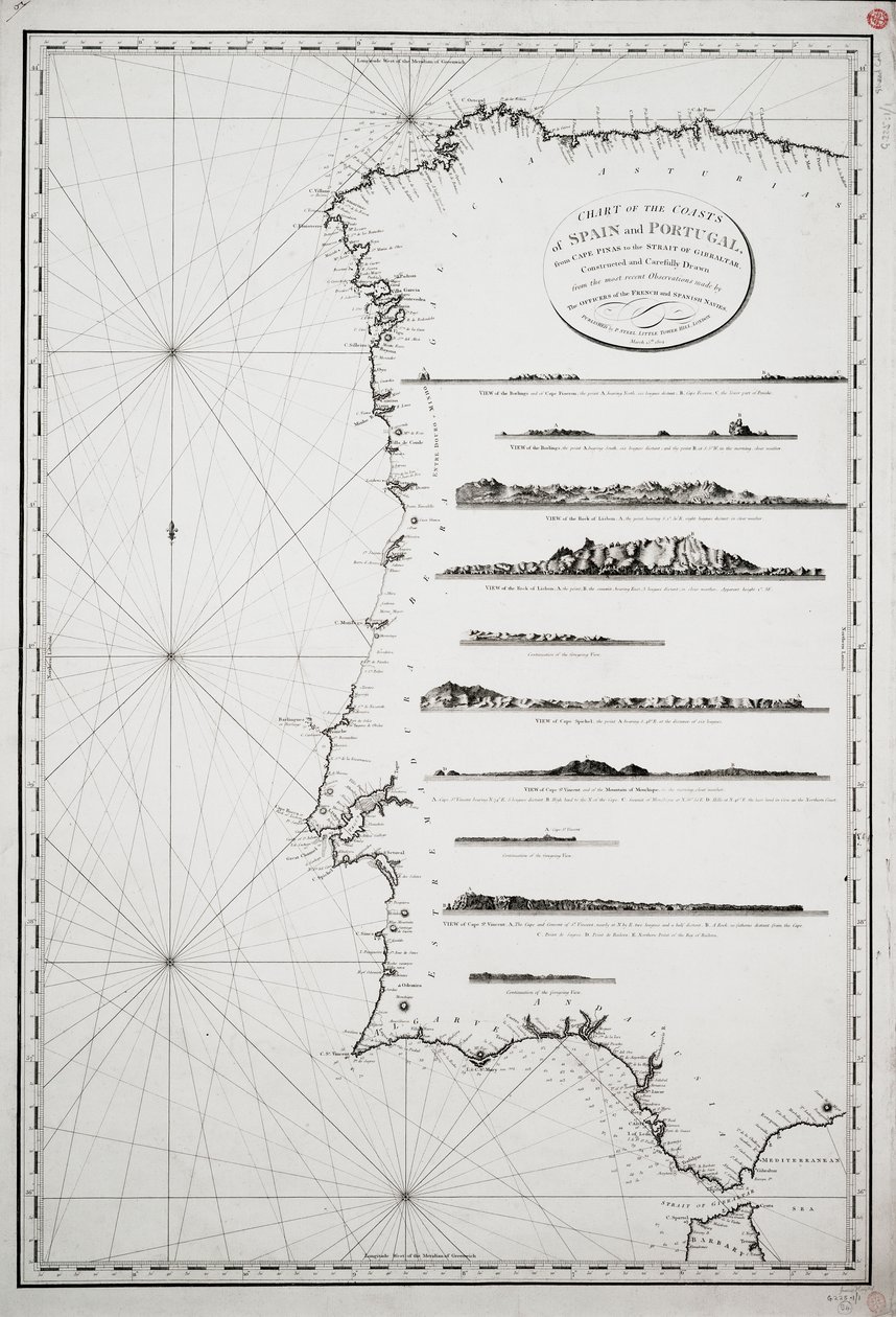 Mapa pobřeží Španělska a Portugalska od mysu Pinas po Gibraltarský průliv, sestavená a pečlivě vypracovaná na základě nejnovějších pozorování důstojníků francouzského a španělského námořnictva. od P. Steel