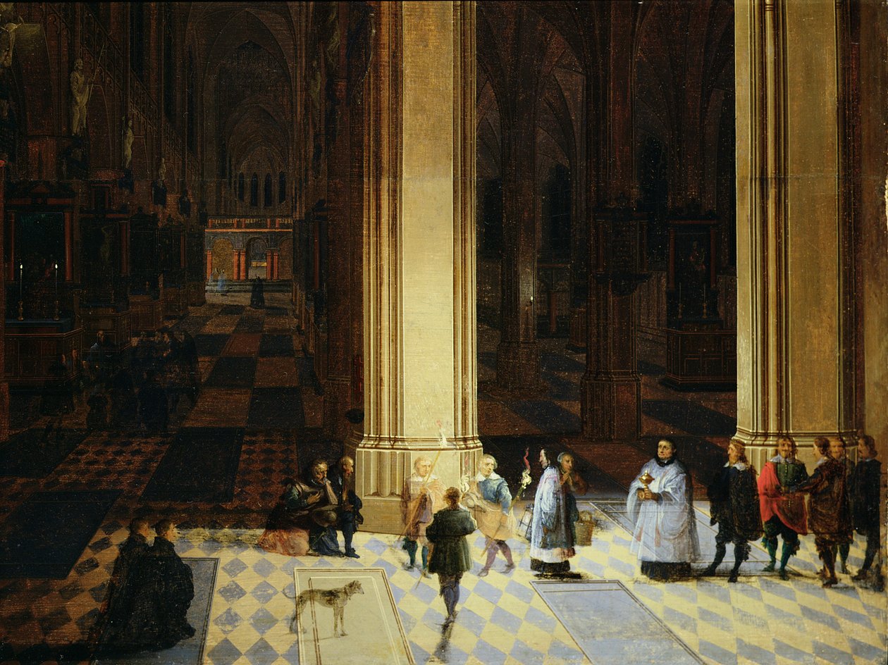 Interiér antverpské katedrály v noci, polovina 17. století (olej na desce) od P. the Elder & P. the Younger (1620 75) Neeffs