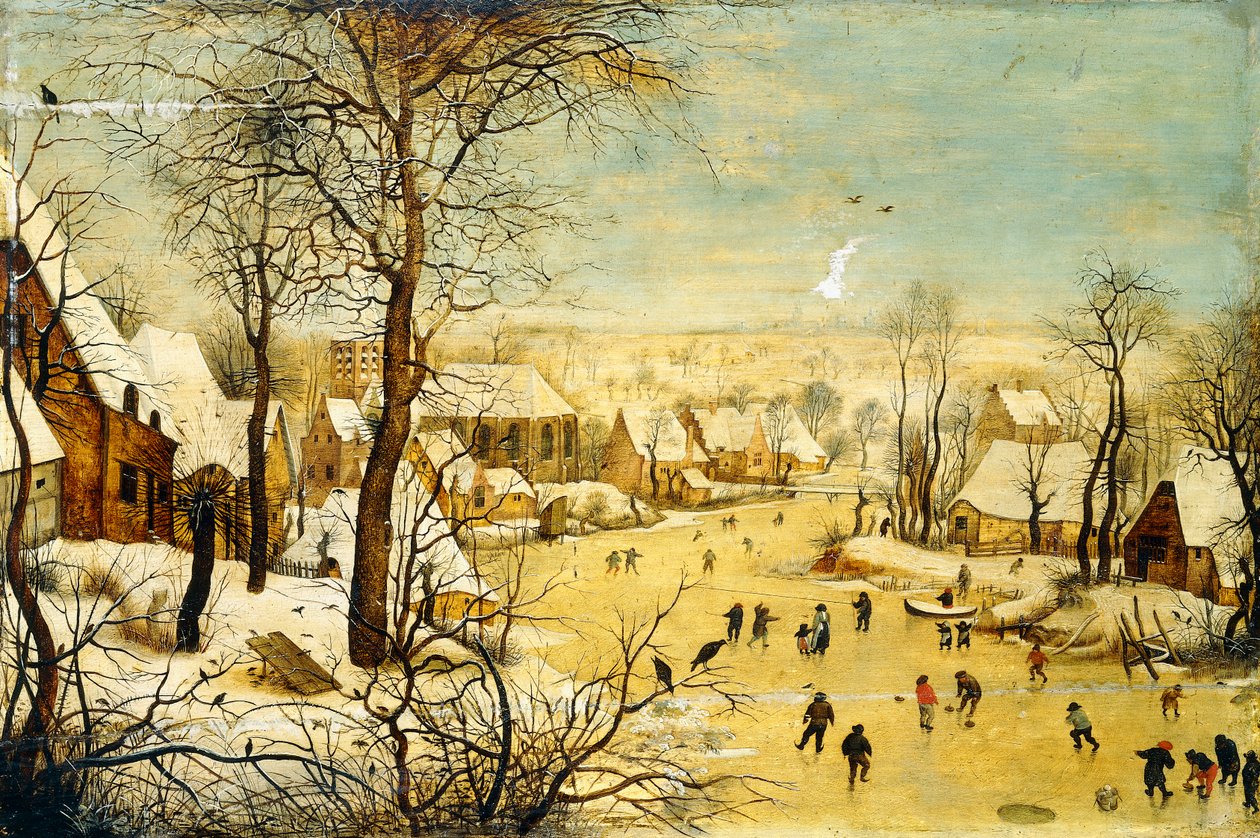 Vesnice v zimě s ptačí pastí a bruslaři na zamrzlé vodní cestě, od P. the Younger Brueghel