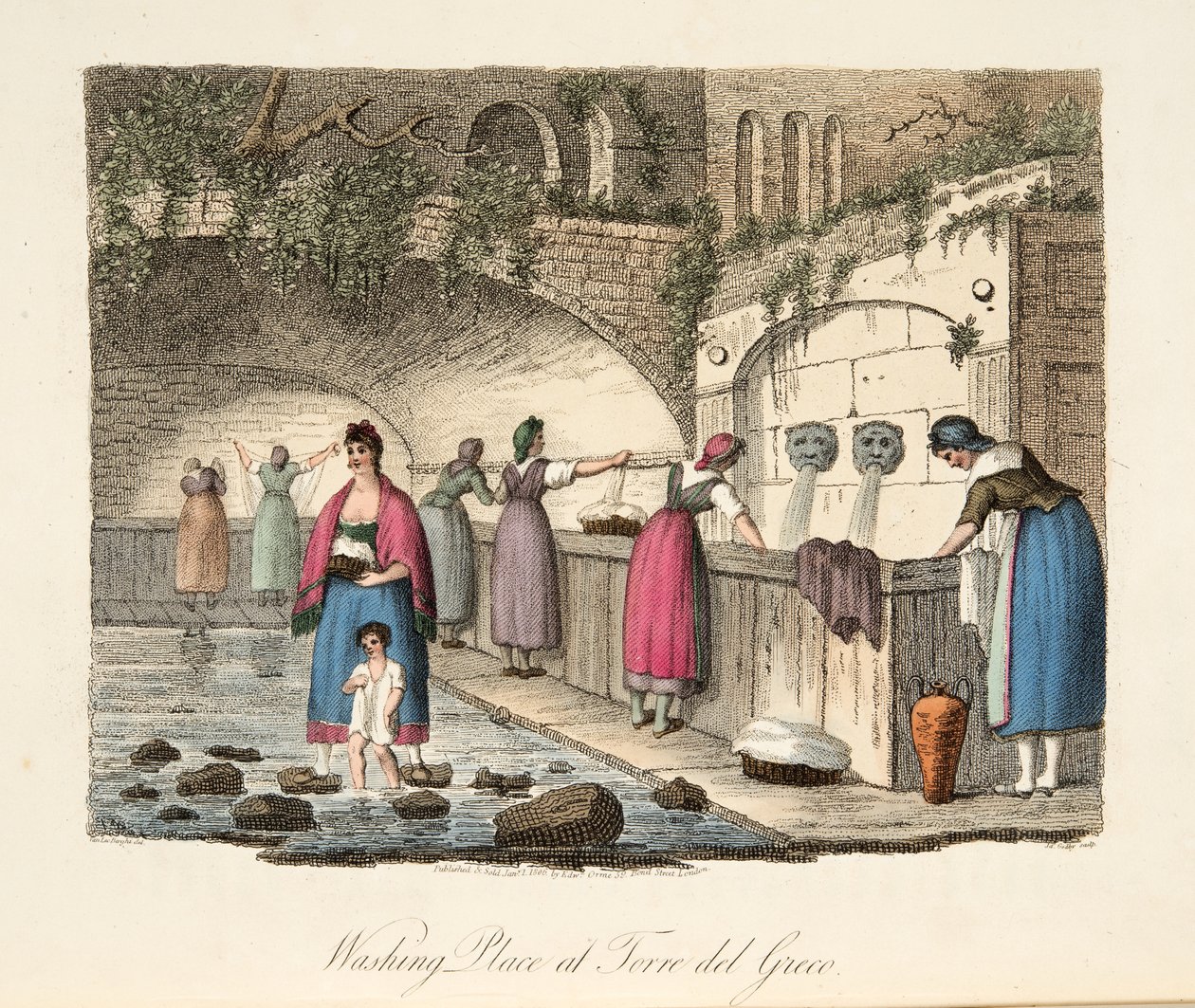 Washing Place v Torre del Greco, z italské scenérie, představující způsoby, zvyky a zábavy různých států Itálie, hospoda. 1806 (ručně kolorovaná rytina) od P. van (after) Lerberghi
