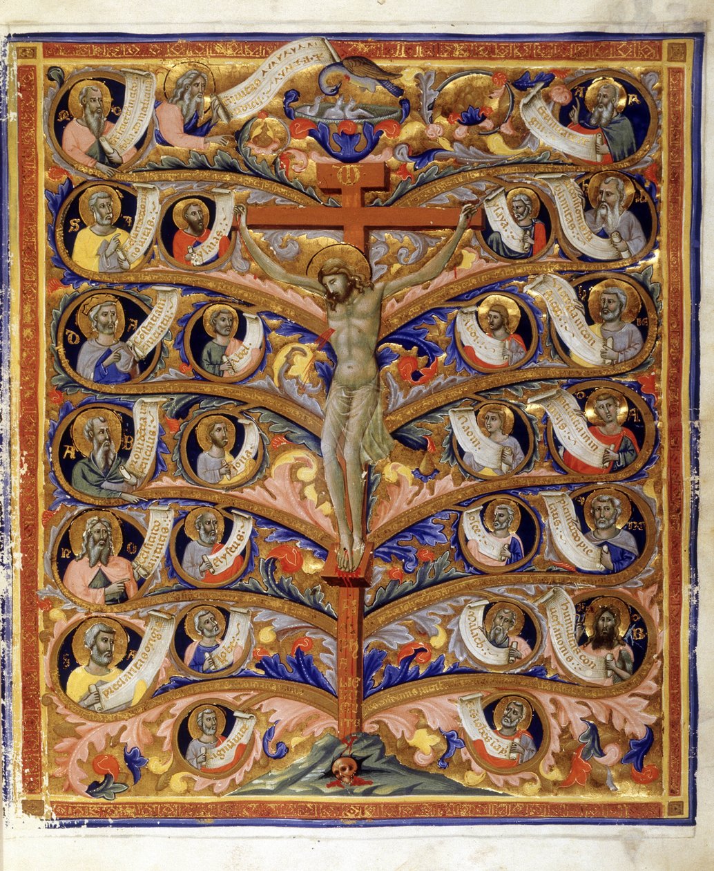 Strom života neboli Strom kříže, ilustrace z latinské Bible Trivulziana, cca 1335-40 (tempera, plátkové zlato a inkoust na pergamenu) od Pacino di Bonaguida