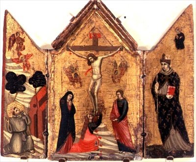 Triptych ukřižování se sv. Františkem přijímajícím stigmata a sv. Benediktem od Pacino di Bonaguida