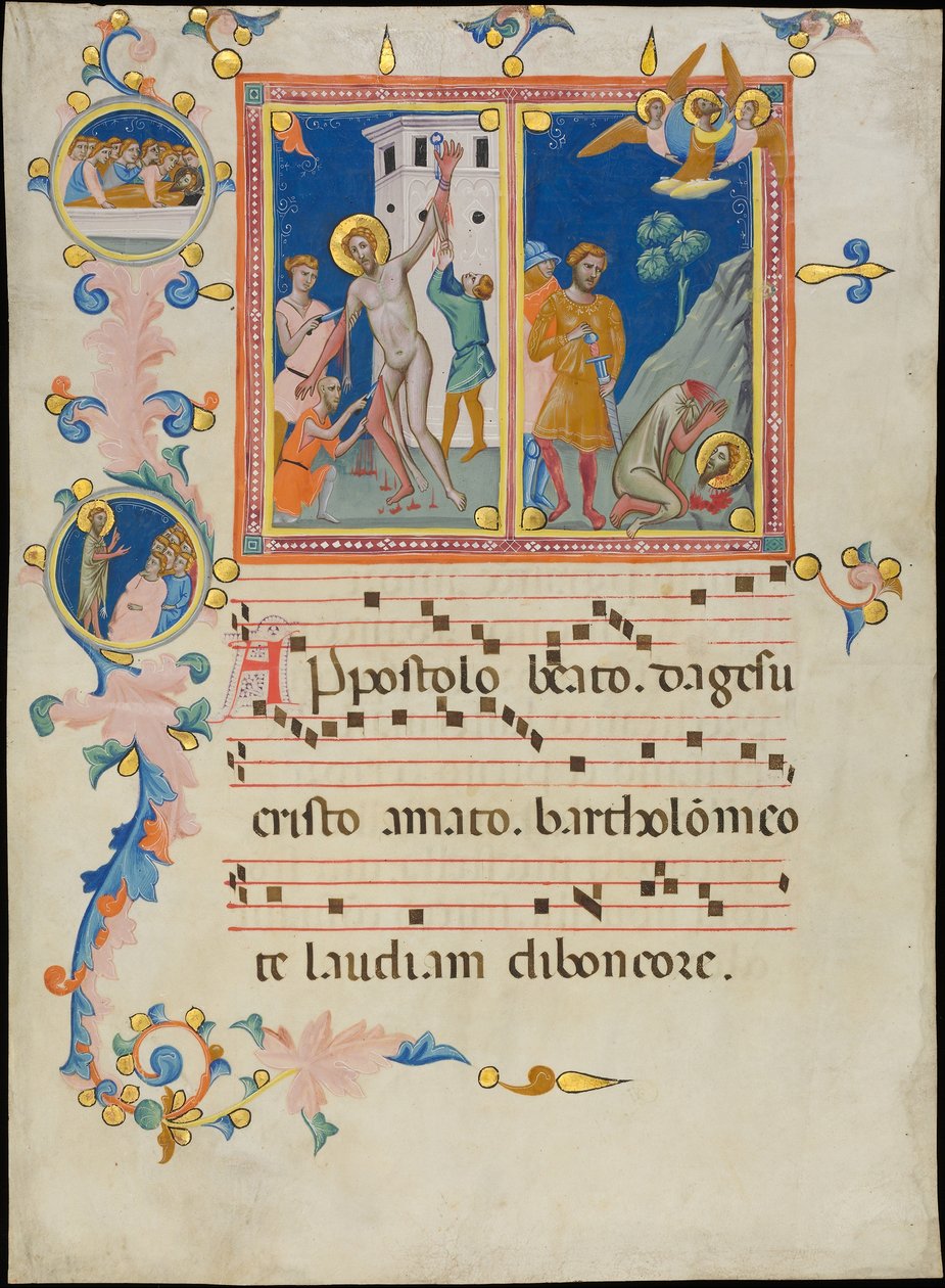 Rukopisný list s mučednickou smrtí svatého Bartoloměje, z Laudario, ca. 1340. od Pacino di Bonaguida