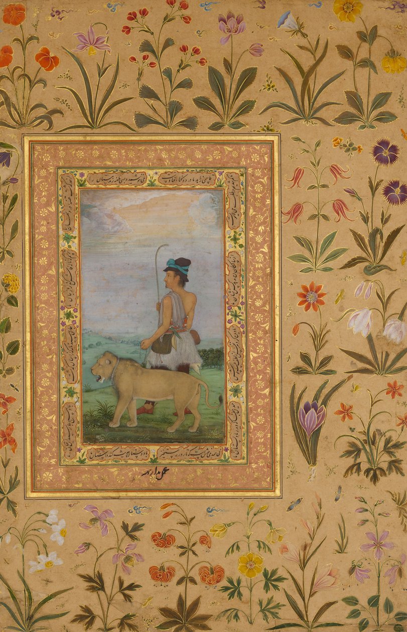 Dervish With a Lion, Folio z alba Shah Jahan, verso: ca. 1630, přímý: ca. 1500. od Padarath