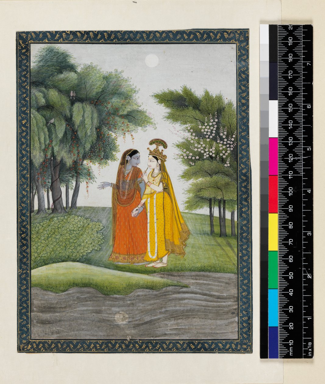 Krišna a Rádha kráčející kolem Džumny v měsíčním světle a vyměnili si šaty z ‚Bhágavata purány‘, Kangra, Himáčalpradéš, kolem roku 1820 od Pahari School