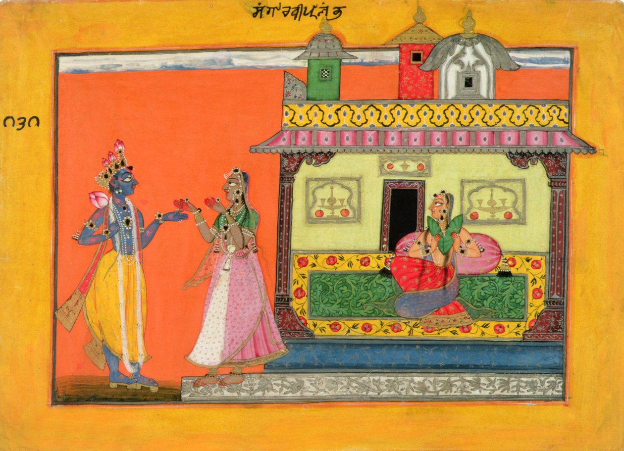 Kršna přijíždějící do domu Radhas, ilustrace z rukopisu Rasamanjari z Bhanudatty, styl Basholi, cca 1660-70 od Pahari School