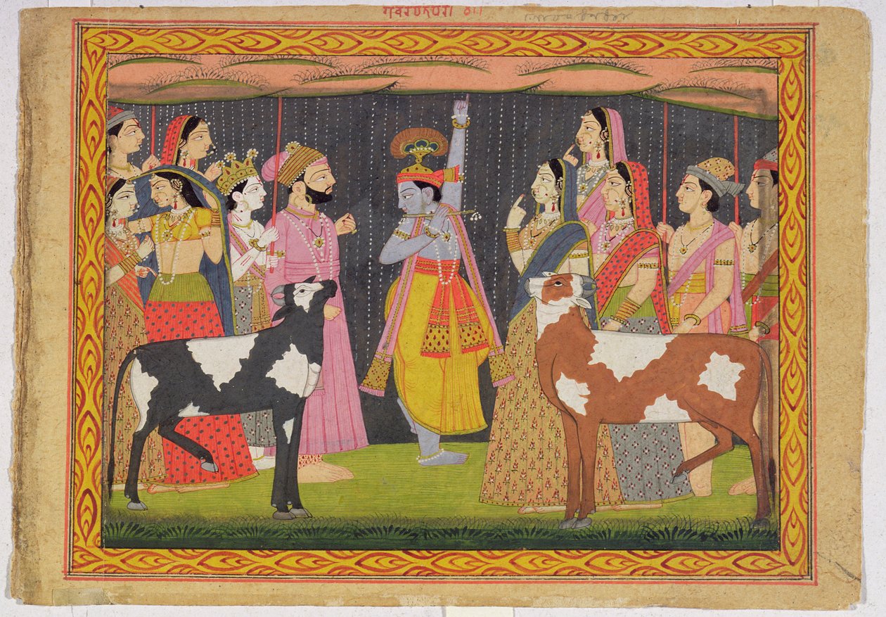 Krišna zvedá horu Govardhana z Bhágavata purány, Kulu, Himáčalpradéš, 1749 od Pahari School