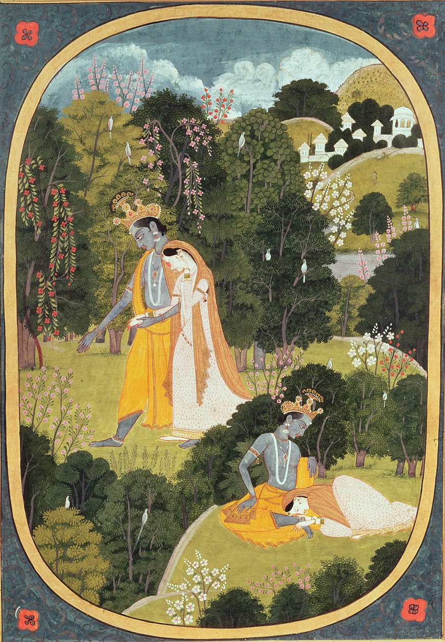 Radha a Krishna na procházce v háji, Kangra, Himáčalpradéš, 1820-25 od Pahari School