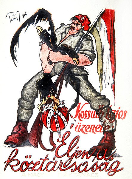Maďarský revolucionář škrtící dvouhlavého rakousko-uherského orla a hlásající Kossuthovo prohlášení „Ať žije republika“, plakát Budapešťské komuny od Paizs Goebel Jeno