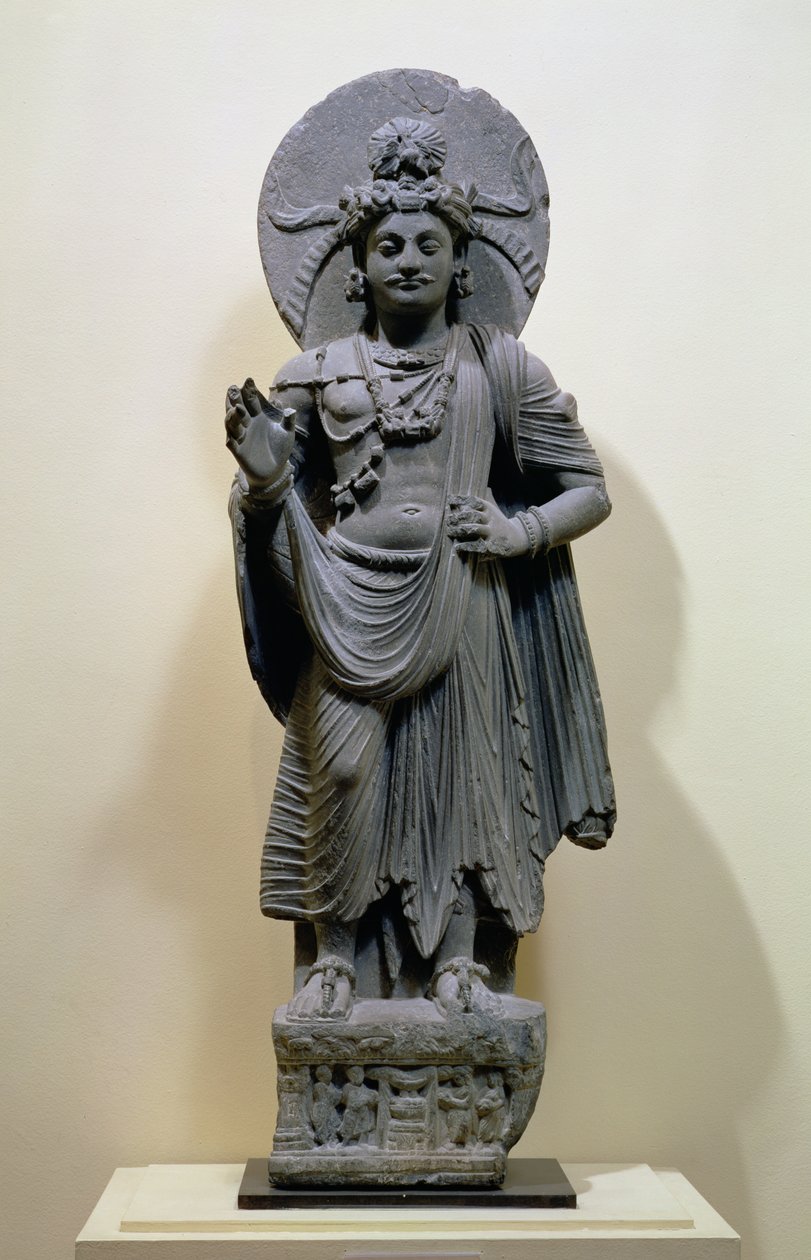 Figura bódhisattvy, z Mekha-Sanda poblíž Shabaz-Garhi, Pákistán (břidlice nebo břidlice) od Pakistani School