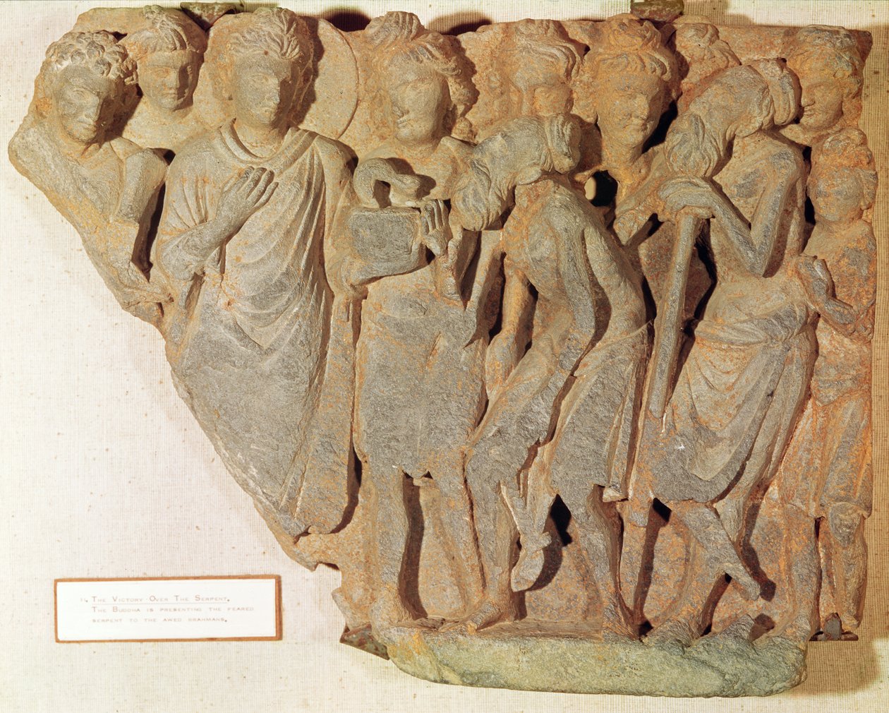 Vítězství nad hadem, reliéf zobrazující Buddhu, jak představuje obávaného hada obdivovaným Brahmanům, řecko-buddhistický styl, 1.–4. od Pakistani School