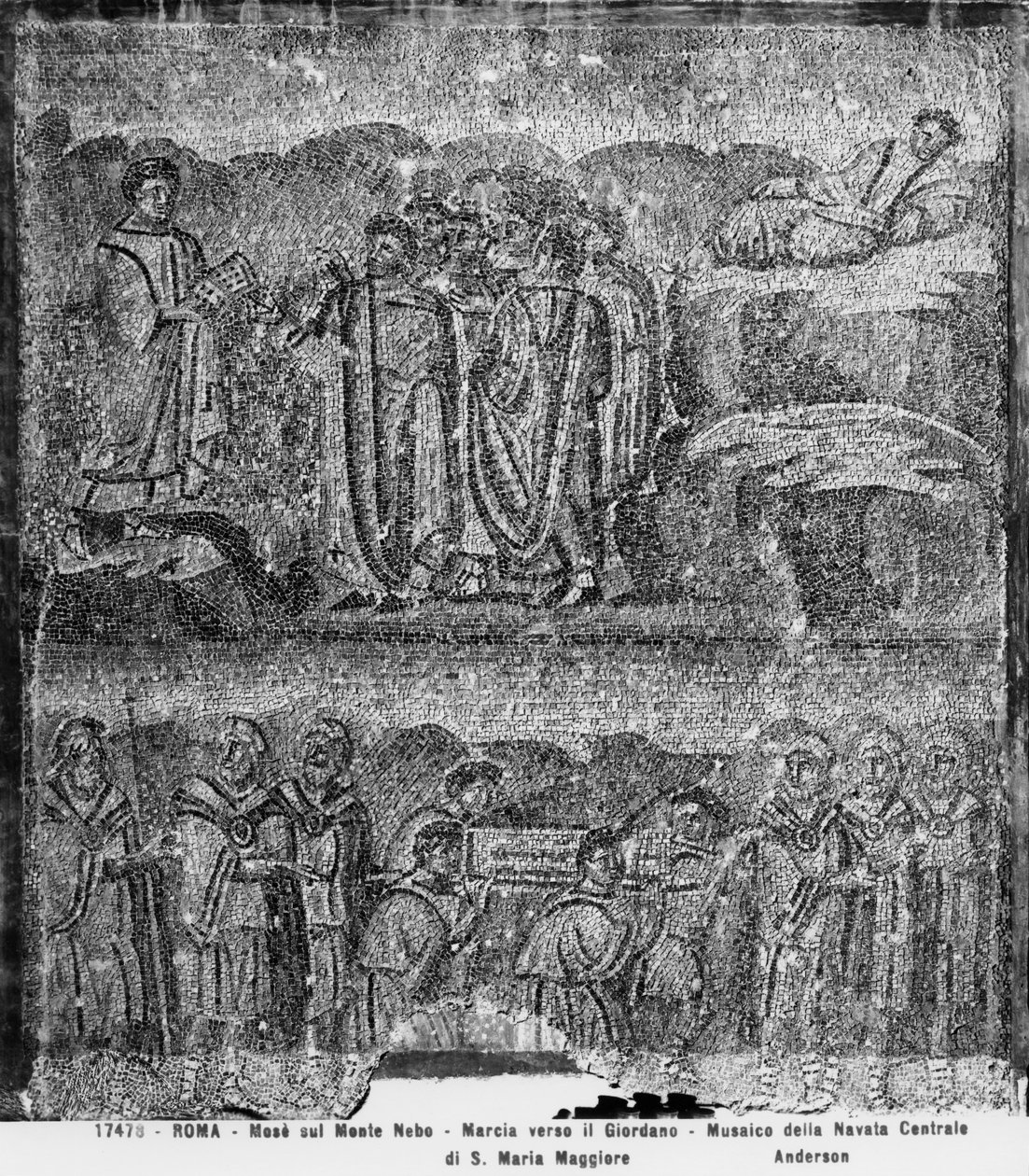 Mojžíš na hoře Nebo a přeprava archy úmluvy směrem k Jordánsku, z centrální lodi (mozaika) od Paleo Christian