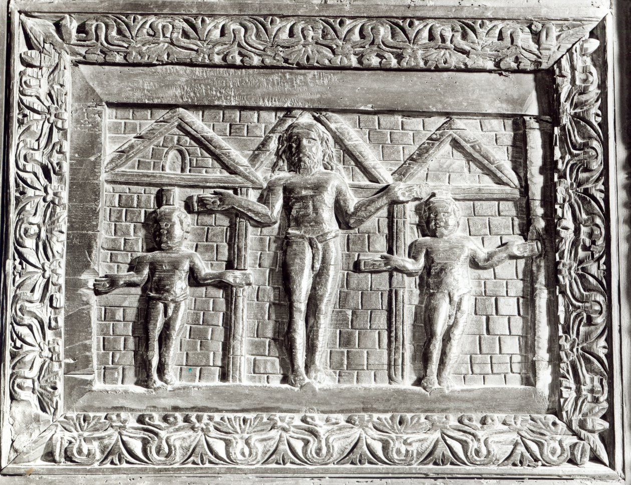 Ukřižování, panel ze dveří zdobený výjevy ze Starého a Nového zákona (dřevo) od Paleo Christian