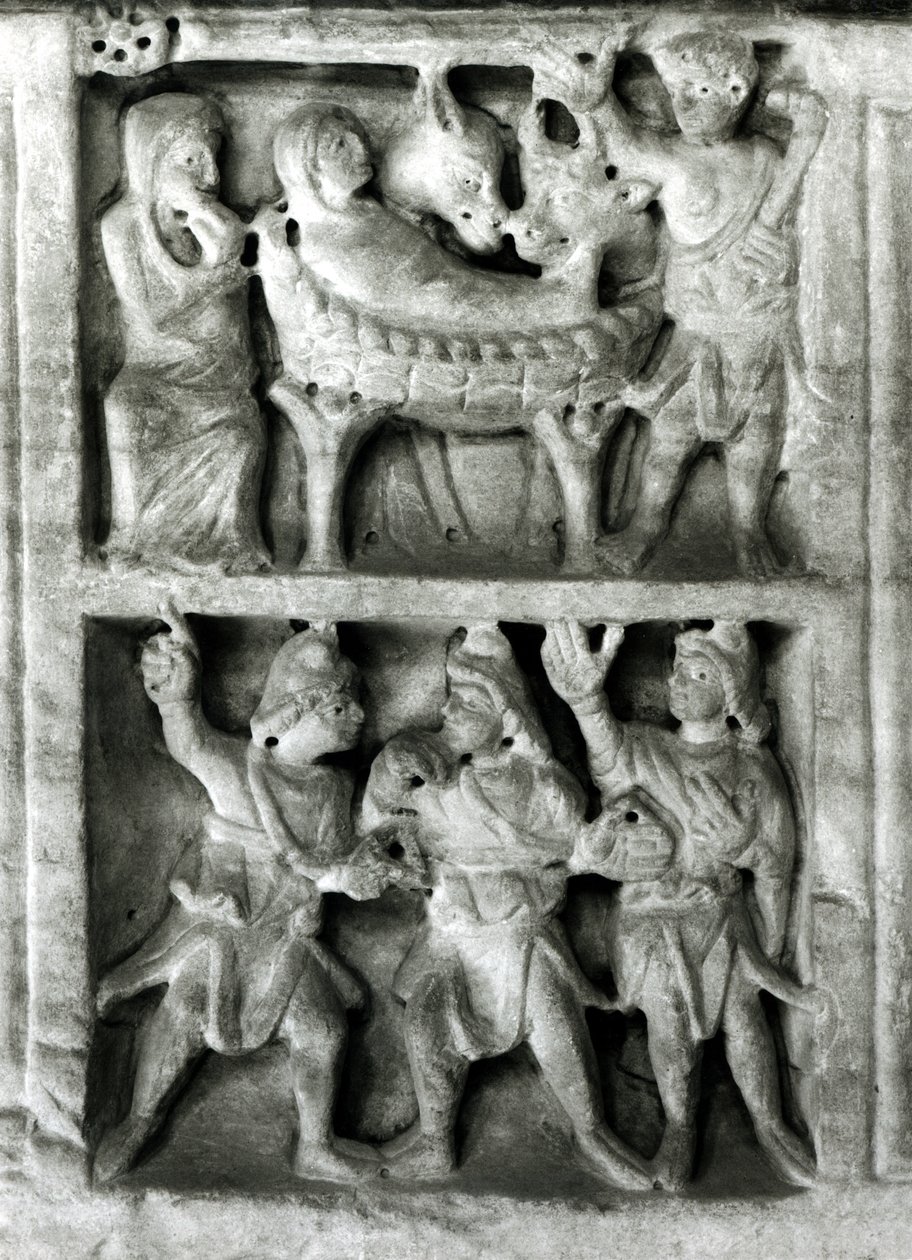 Detail reliéfu z kamene sarkofágu Narození Páně čb foto od Paleo Christian