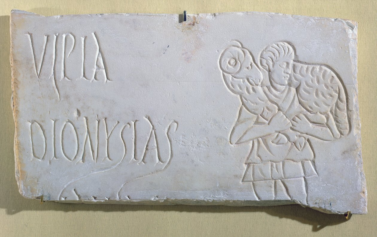Epitaf s reliéfem Dobrého pastýře, z katakomb v Sousse, 3.-4. století (mramor) od Paleo Christian