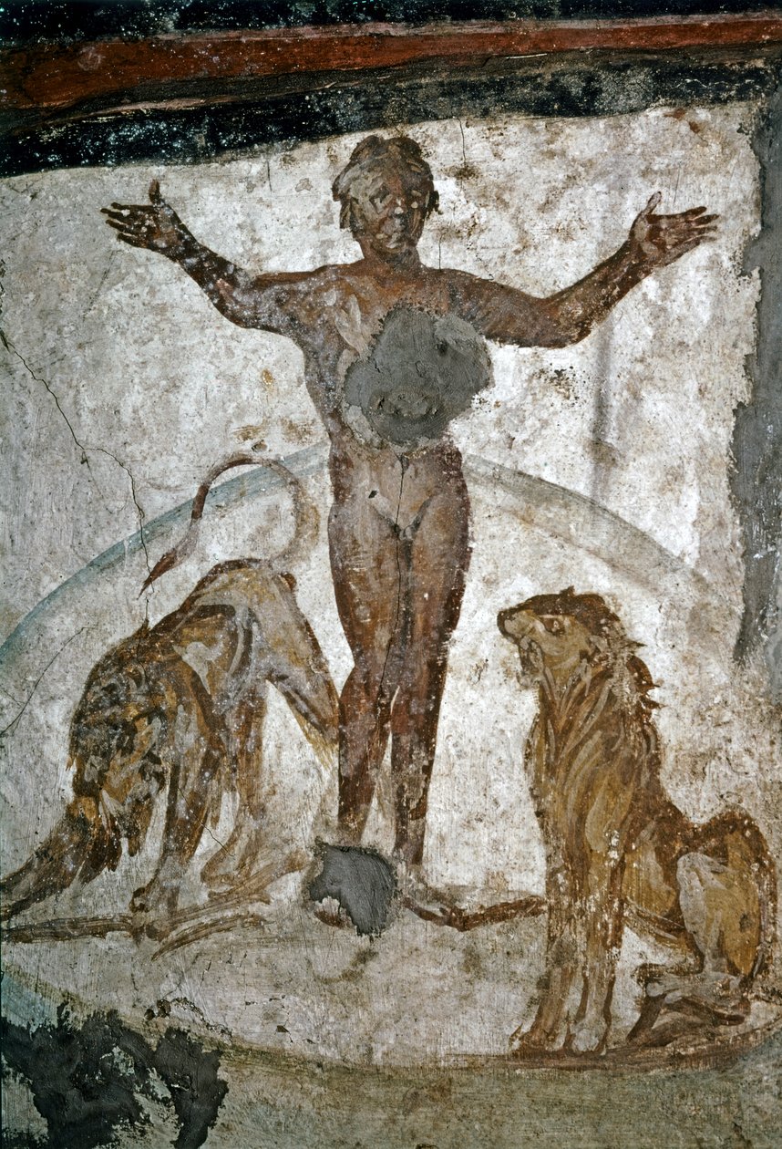 RANÉ KŘESŤANSKÉ UMĚNÍ: Katakomby. Daniel v jámě lvové., 4. století (freska) od Paleo Christian