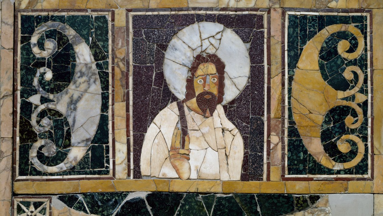Intarzovaný mramor zobrazující tvář Krista, artefakt z Říma, Itálie, raně křesťanské období od Paleo Christian