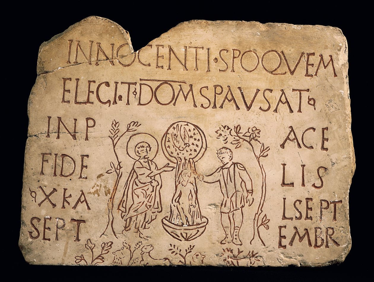 Náhrobek s nápisem a Kristovým křtem, raně křesťanské období, 3. stol od Paleo Christian
