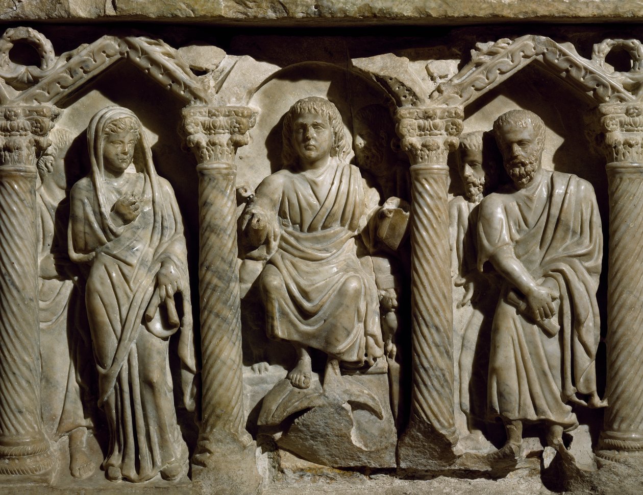 Raně křesťanský sarkofág také známý jako Sarkofág blahoslaveného Jiljí, mramor, Oratoř San Bernardino, Perugia, Umbria, Detail, Itálie, 4. století od Paleo Christian
