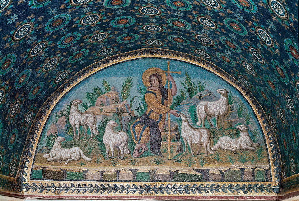 Dobrý pastor. Mozaika lunety nad vstupními dveřmi mauzolea Galla Placidia, c425 (mozaika) od Paleo Christian