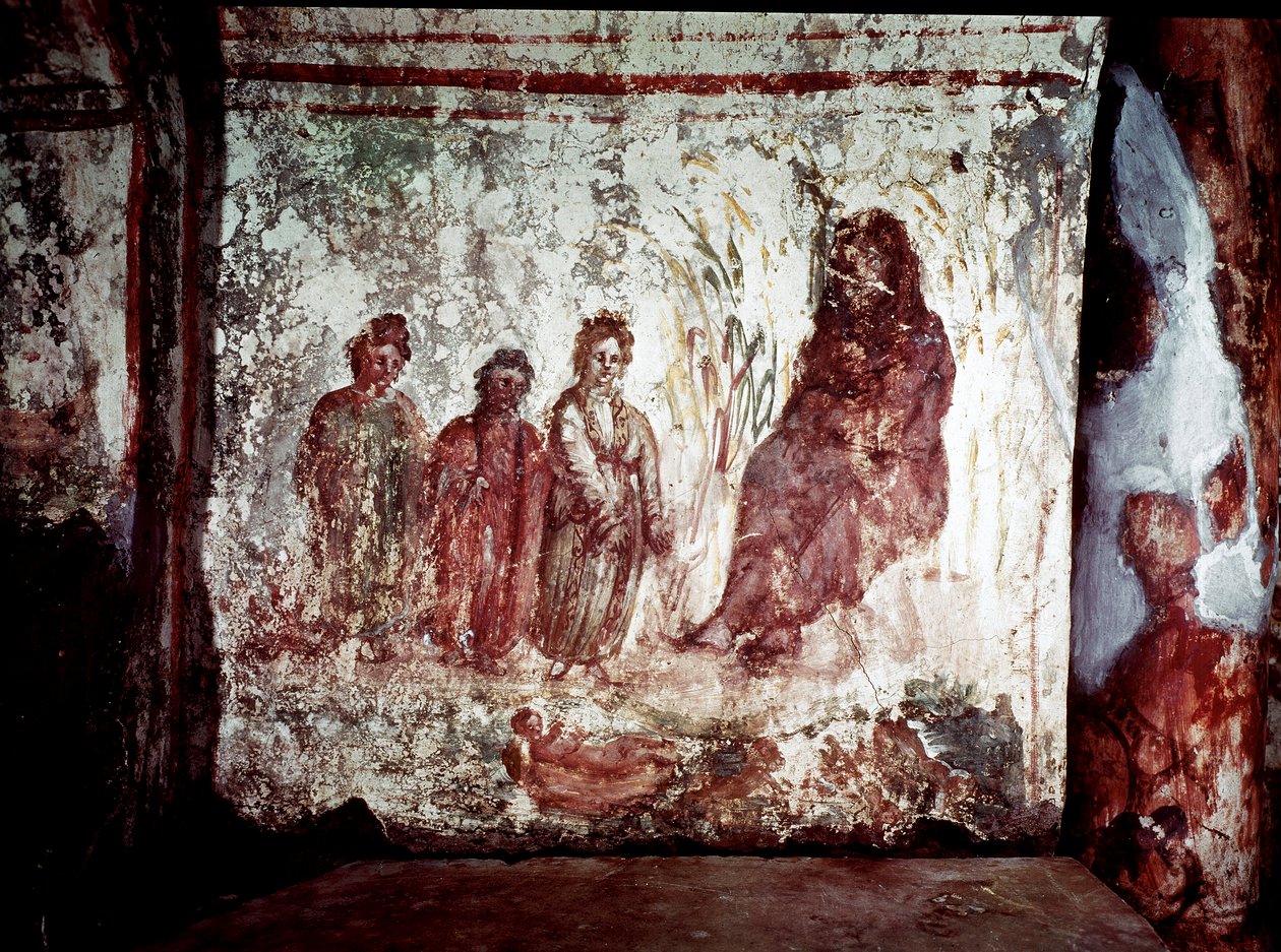 Paleochretian art (období starověkého Říma): Mojžíš zachraňuje z vod Nilu dcerou faraona. Freska z katakomby Via Latina v Římě. 4. století. - Raně křesťanské umění. Mojžíš zachráněn z vody. Freska, 4. století našeho letopočtu. Catacom od Paleo Christian