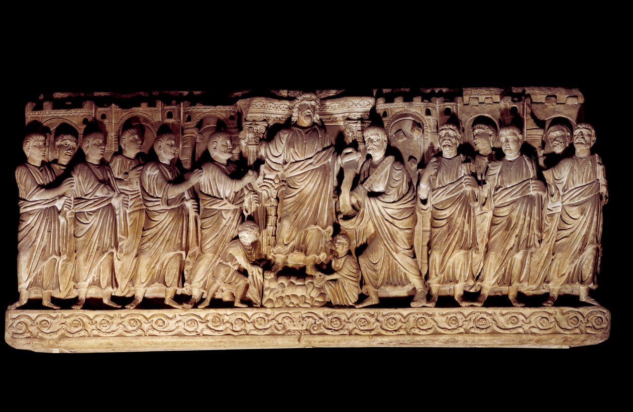 Paleochrétské umění: vyřezávaný sarkofág představující Krista s apotery. z baziliky svatého Petra v Římě, mauzolea Anicii. 390-400 našeho letopočtu. Paříž, muzeum Louvre od Paleo Christian