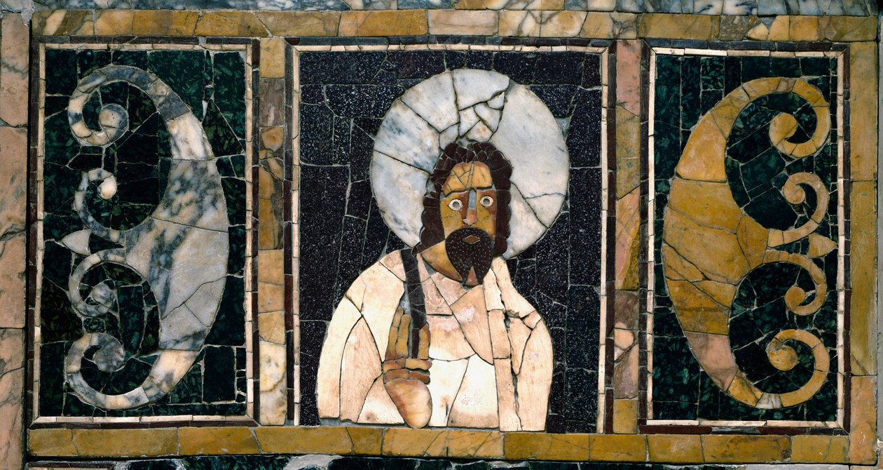 Paleochristian art: “” reprezentace Krista, pravděpodobně první””” 3. století našeho letopočtu. Markétový mramor. Muzeum Ostiense, Ostia od Paleo Christian