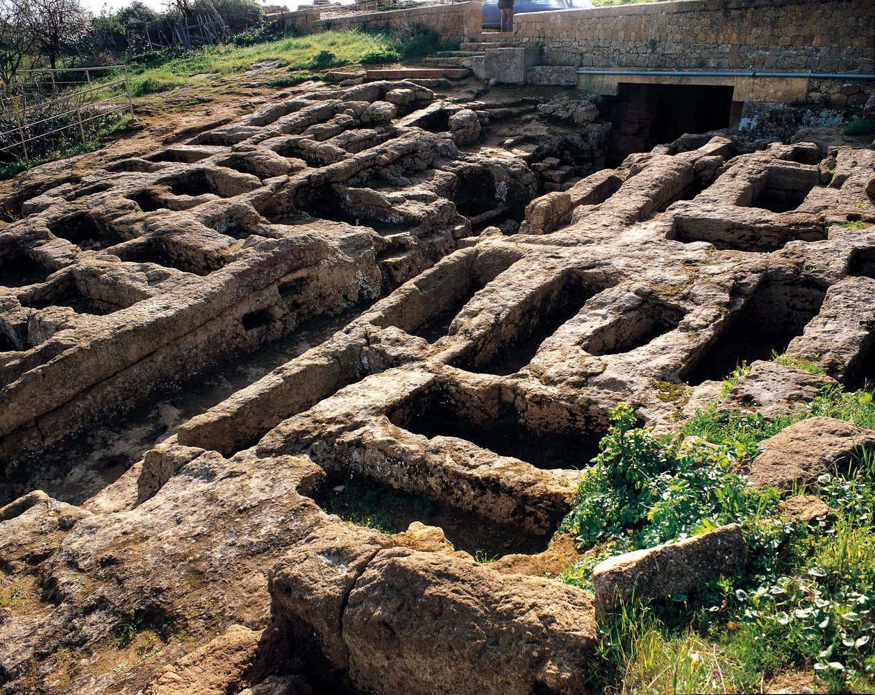Ruiny křesťanské nekropole v údolí Temples, 4. až 5. století. Agrigento, Agrigento. Sicílie Itálie od Paleo Christian