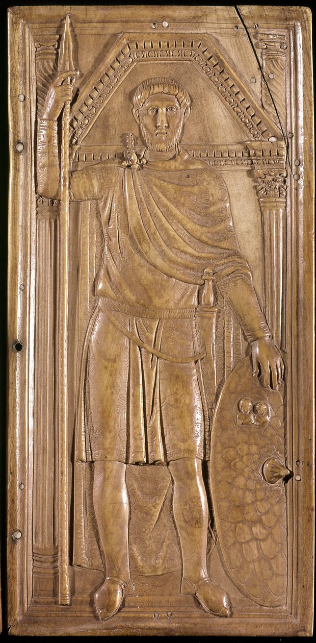 Stilicon ve zbrani, generál, patrice a konzul Západořímské říše. Pravý panel dyptika ze Stilicha (socha na slonovině, cca 395) od Paleo Christian