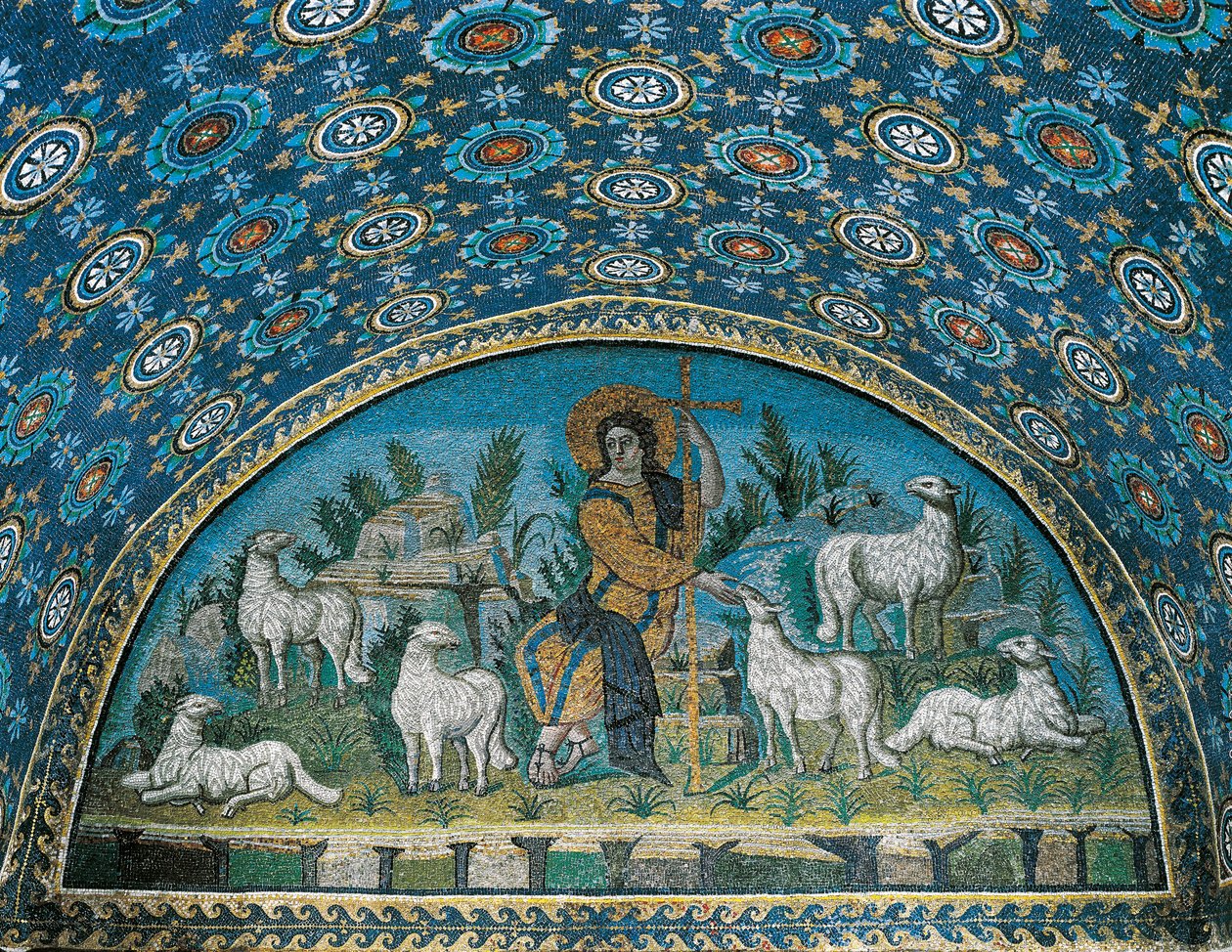 Dobrý pastýř, mozaika lunety nad vstupními dveřmi mauzolea Gally Placidie, c425 (mozaika) od Paleo Christian