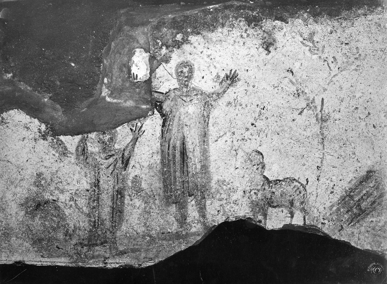 Abrahamova oběť (freska) (černobílá fotografie) od Paleo Christian